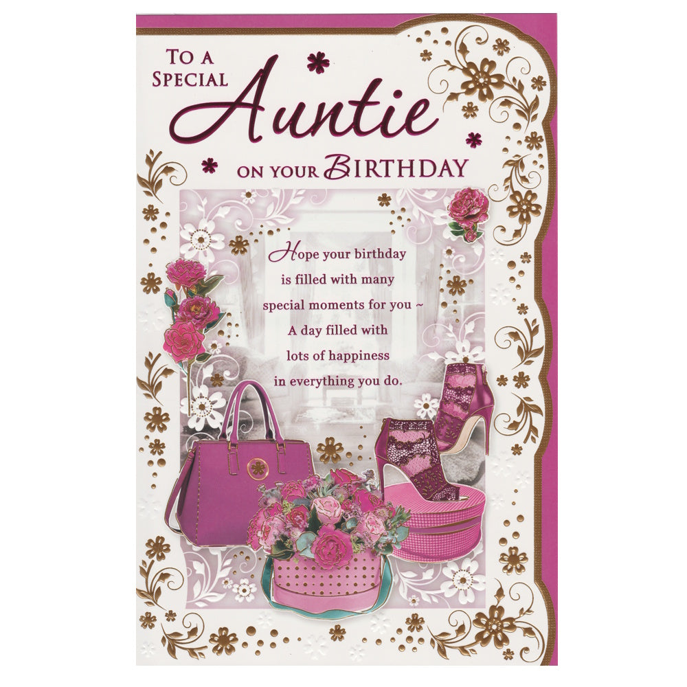Front of this auntie birthday card features an illustration of pink shoes and handbags, with a message to a special auntie, as shown in product photo.