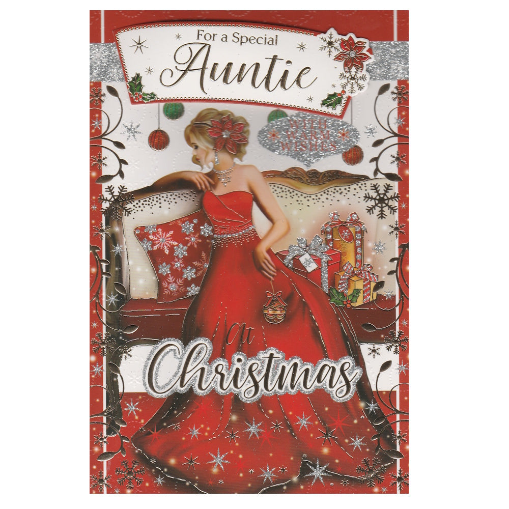 Front of this auntie Christmas card features an illustration of a blonde hair woman wearing a red dress, paired with a message.