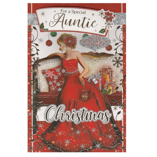 Front of this auntie Christmas card features an illustration of a blonde hair woman wearing a red dress, paired with a message.