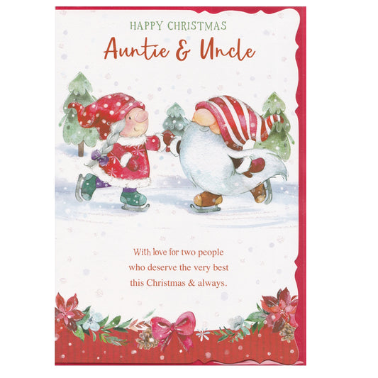Front of this auntie and uncle Christmas card features an illustration of two festive themed gnomes ice skating, paired with a message.