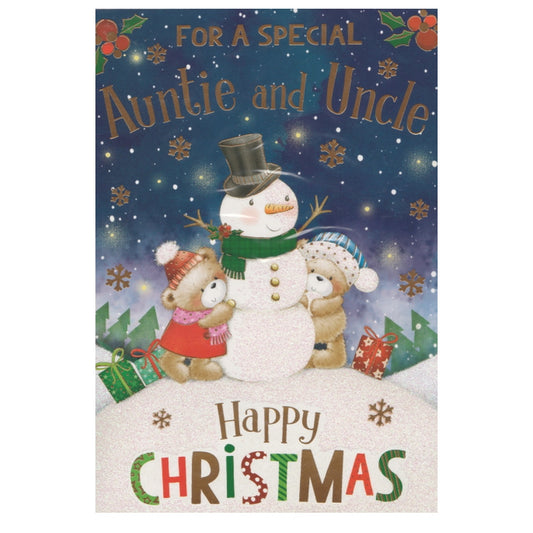 Front of this auntie and uncle card features an illustration of teddy bears and snowman on a glittered snow covered background.