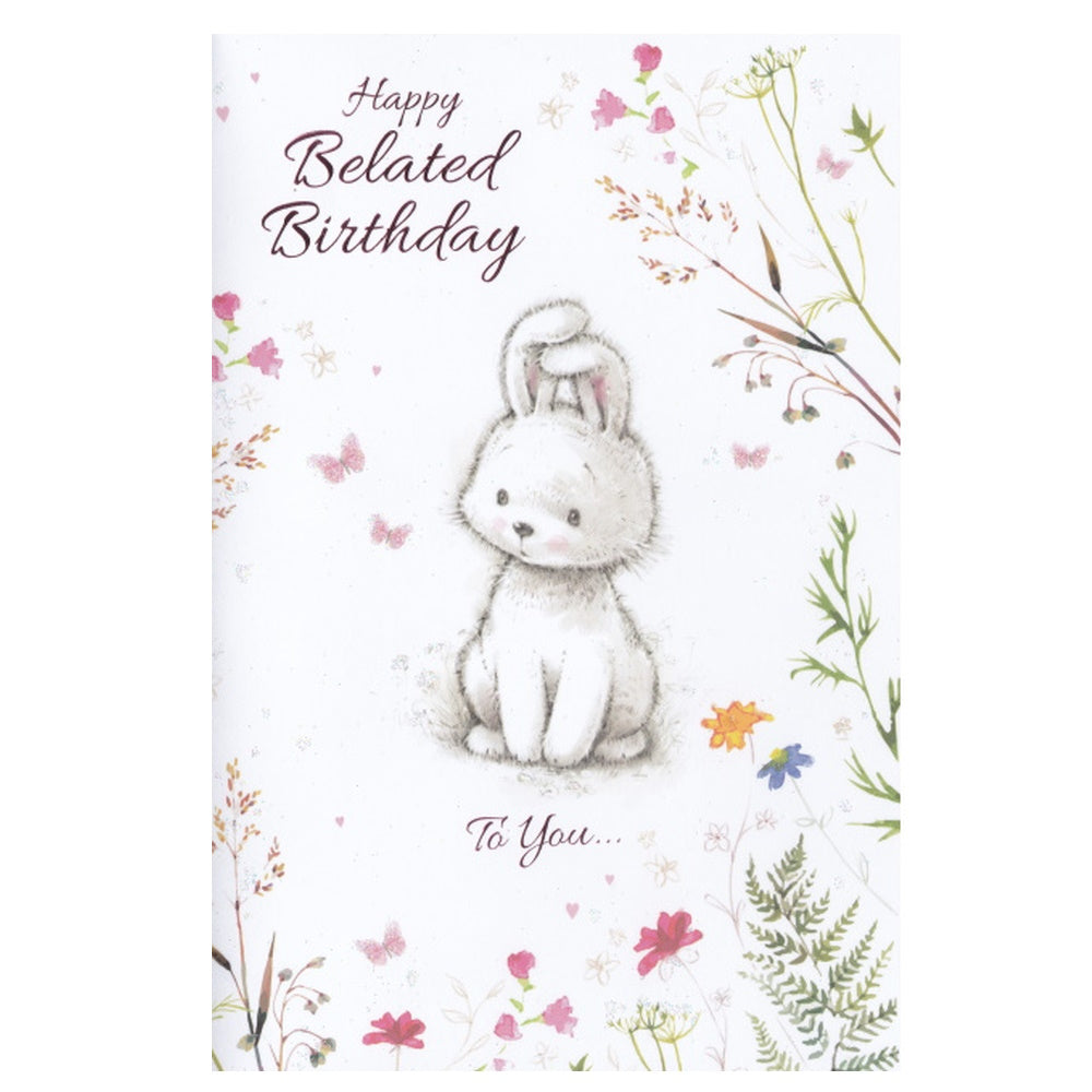 Front of this belated birthday card features an illustration of a white bunny with the text 'Happy Belated Birthday To You...'.