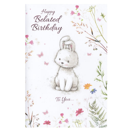 Front of this belated birthday card features an illustration of a white bunny with the text 'Happy Belated Birthday To You...'.