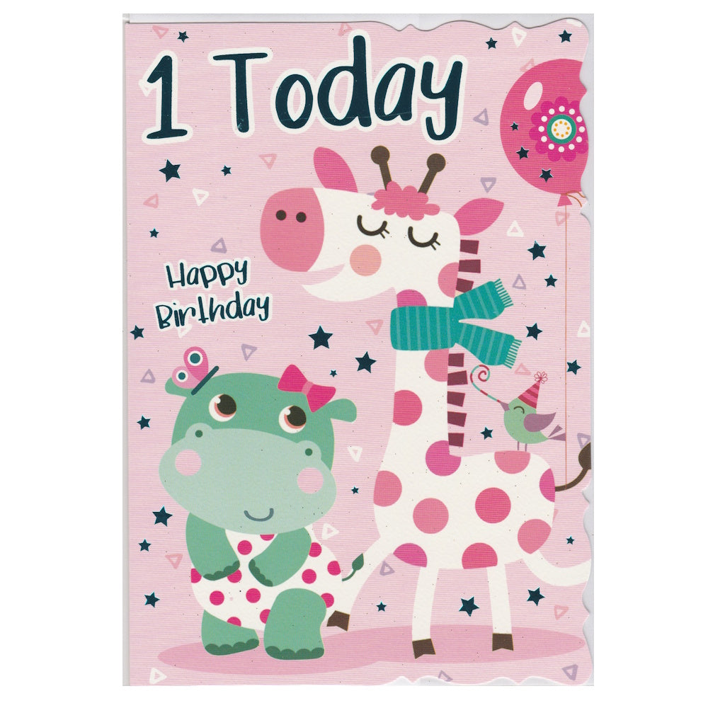 Front of this 1st birthday card features an illustration of a cartoon white giraffe &amp; a green hippo, paired with a message.