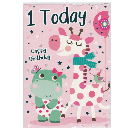 Front of this 1st birthday card features an illustration of a cartoon white giraffe &amp; a green hippo, paired with a message.