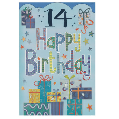 Front of this card features the text '14 Happy Birthday', surrounded by colourful stars and presents.