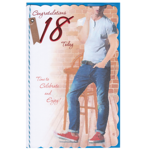 Front of this card features an illustration of a young man casually standing talking on his phone, paired with a message.