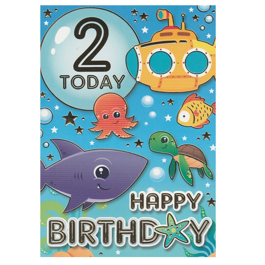 Front of this 2nd birthday card features an illustration of sea creatures in a underwater scene, with the text '2 TODAY' 'HAPPY BIRTHDAY'.