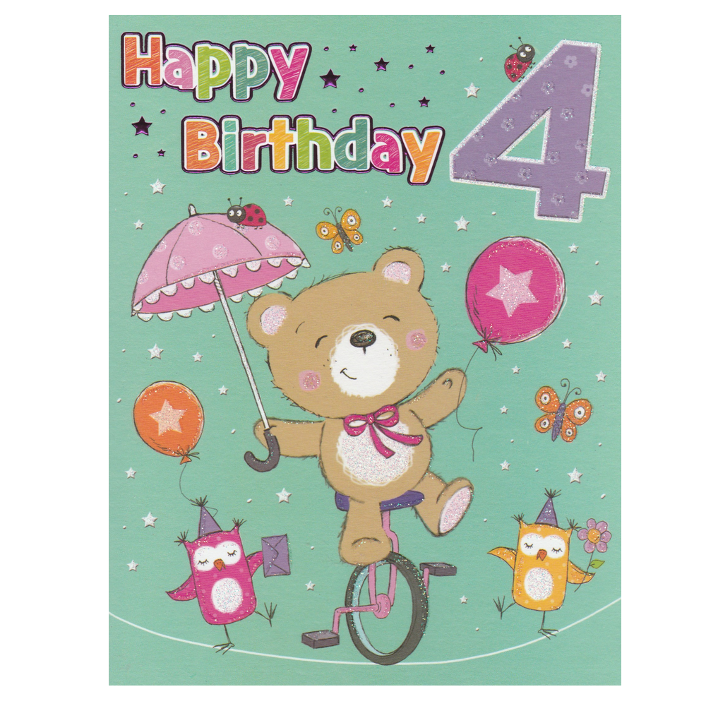 Birthday Card Age 4 Bear Unicycle