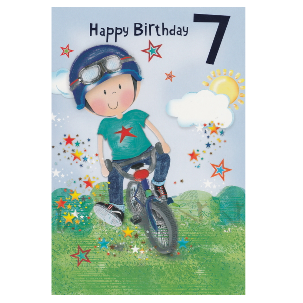 Birthday Card Age 7 Boy Riding Bicycle