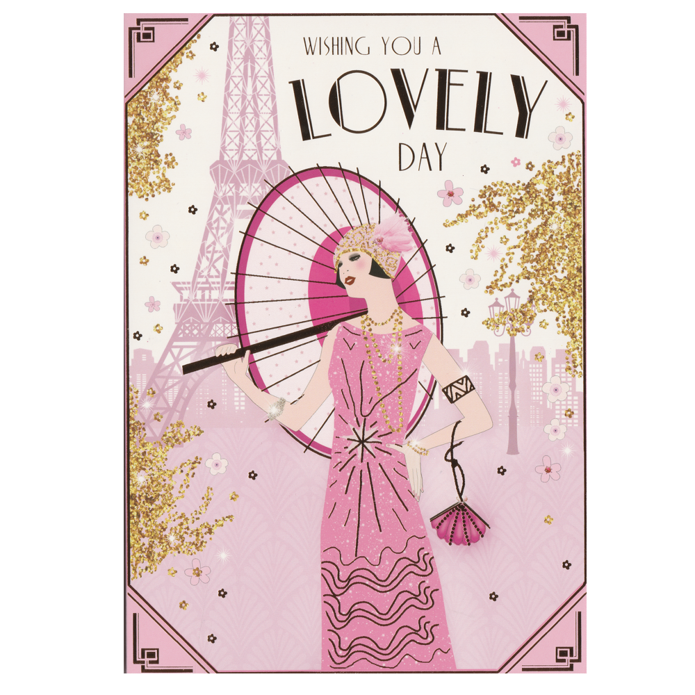 Birthday Card Art Deco Girl Holding Parasol