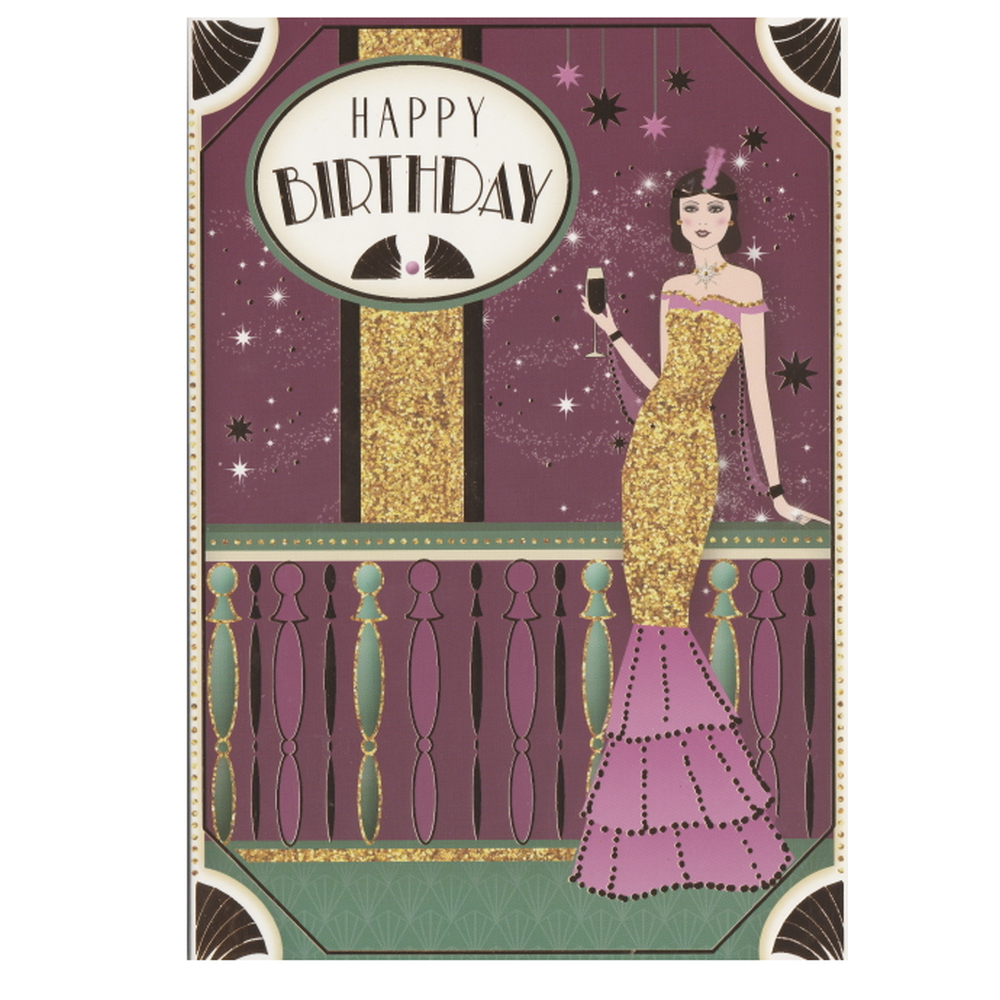 Birthday Card Art Deco Girl On Balcony