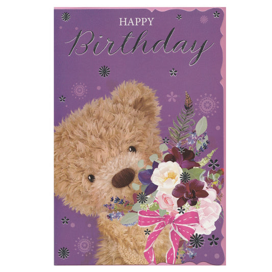 Front of this birthday card features an illustration of bear holding a bouquet of flowers with a pink and white bow, paired with a message