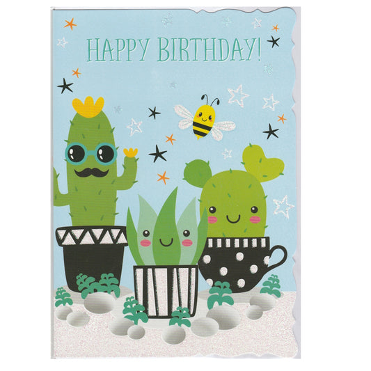 Front of this card features an illustration of cartoon cacti and a bee, with the text 'HAPPY BIRTHDAY!'.