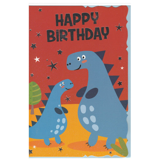 Front of this children's birthday card features an illustration of two blue dinosaurs with the text 'HAPPY BiRTHDAY'.