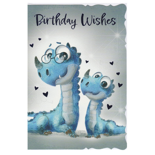 Front of this children's birthday card features an illustration of two blue dragons with the text 'Birthday Wishes'.