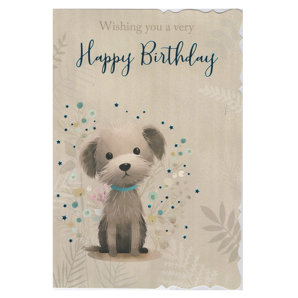 Front of this open birthday card features an illustration of a fluffy brown dog wearing a blue collar, paired with a message.