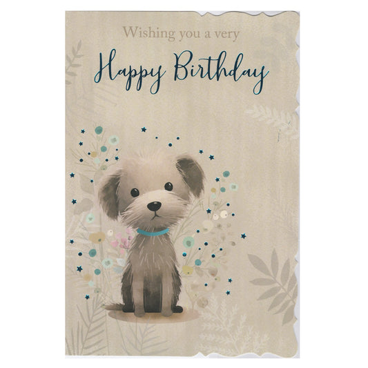 Front of this open birthday card features an illustration of a fluffy brown dog wearing a blue collar, paired with a message.