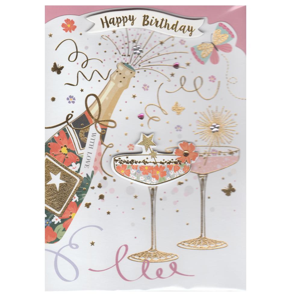 Birthday Card Champagne Glasses & Bottle