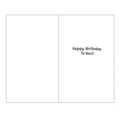 Front of this birthday card features an illustration of a cartoon red digger holding gift boxes, set against a colourful background, paired with a message.