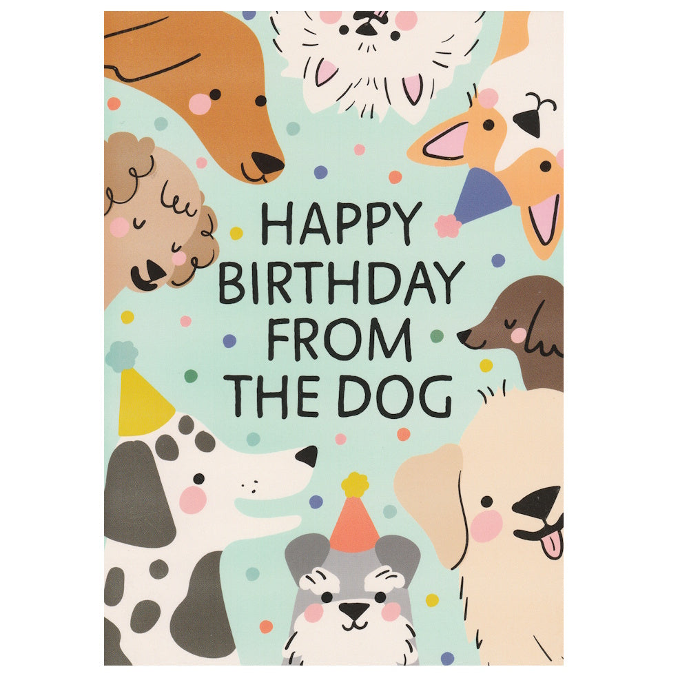 Front of this card features an illustration of cartoon dogs and 'Happy Birthday from the dog' text on a light blue background.