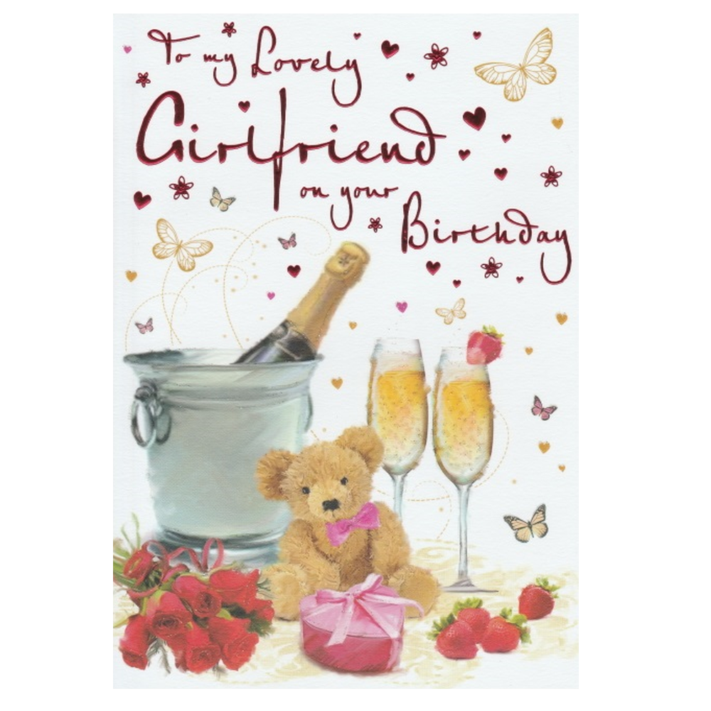 Birthday Card Girlfriend Champagne & Bear