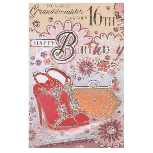 Front of this 16th granddaughter birthday card features an illustration of a pair of sparkly high heels and a bottle of perfume, paired with a message.