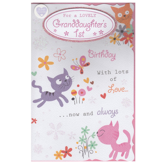 Front of this granddaughter 1st birthday card features an illustration of colourful cats, butterflies and flowers, paired with a message.