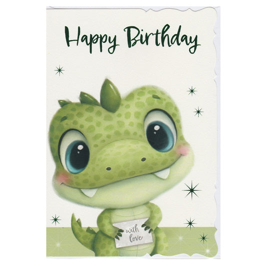 Front of this children's birthday card features an illustration of a green dragon holding an envelope with the text 'with love' and 'Happy Birthday'.
