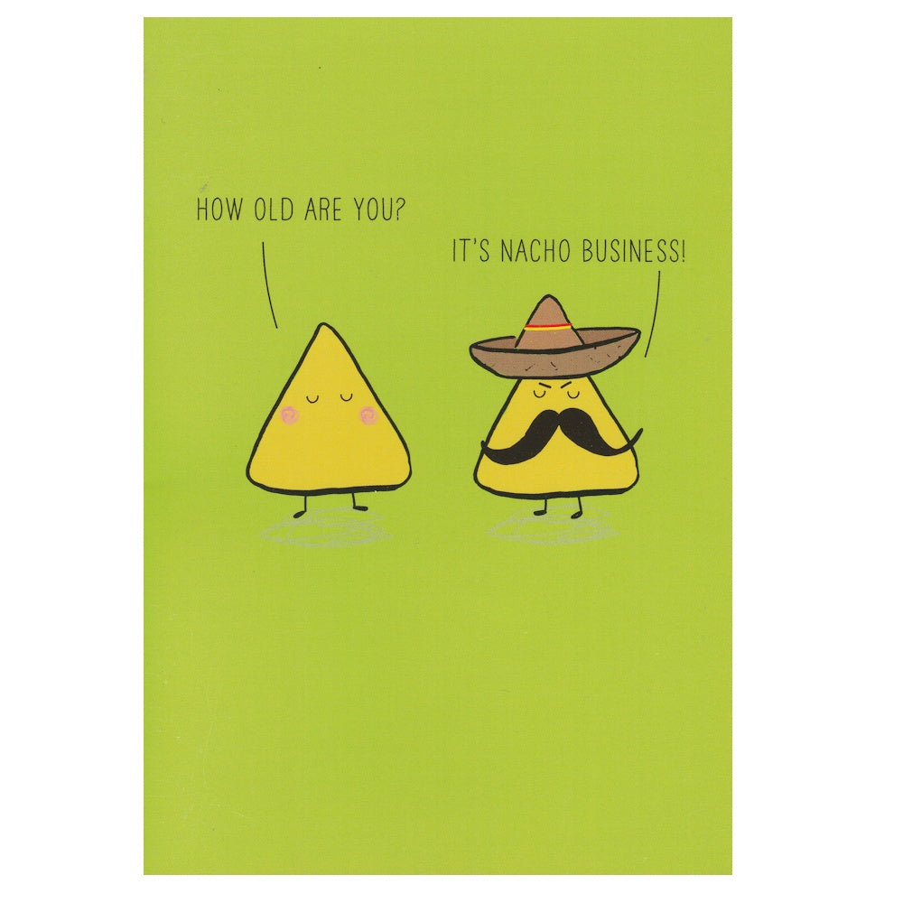 Front of this card features an illustration of  two chatting nachos, paired with a message.