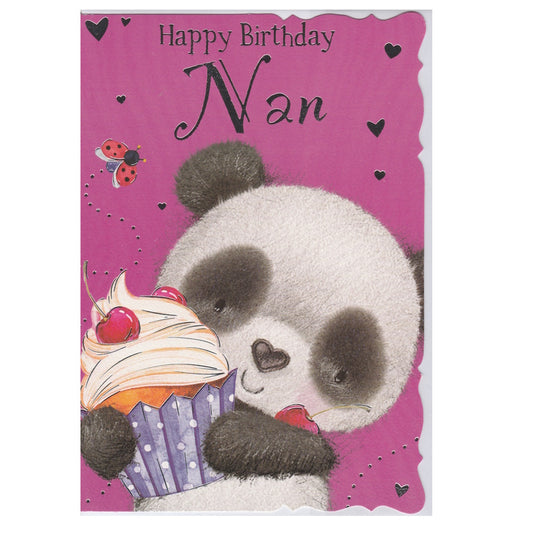 Front of this nan birthday card features an illustration of a panda holding a cupcake with the text 'Happy Birthday Nan'.
