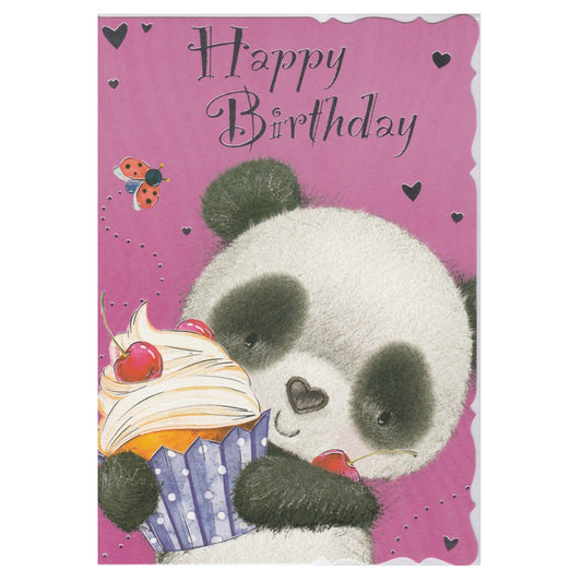 Front of this birthday card features an illustration of a panda holding a cupcake with the text 'Happy Birthday'.