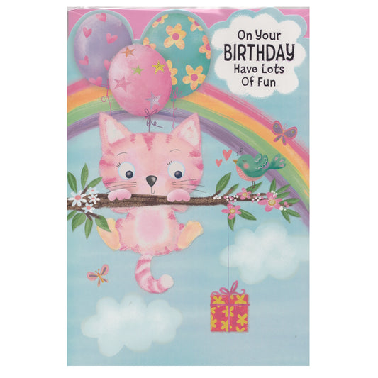 Front of this birthday card features an illustration of pink kitten holding onto a tree branch with a rainbow and balloons, paired with a message.
