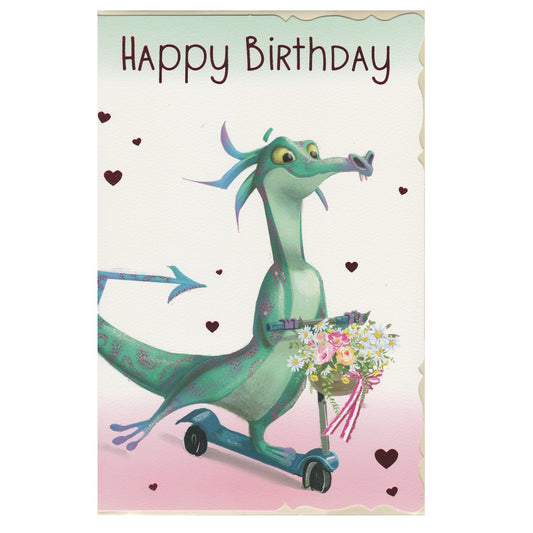 Front of this children's birthday card features an illustration of a green dragon riding a scooter, decorated with a basket of flowers and the text 'HAPPY BiRthDay.