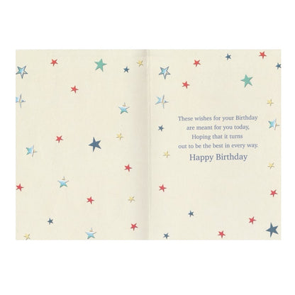 Front of this card features 'Happy Birthday To You' text in multicolored letters on a silver foil background with decorations such as stars.
