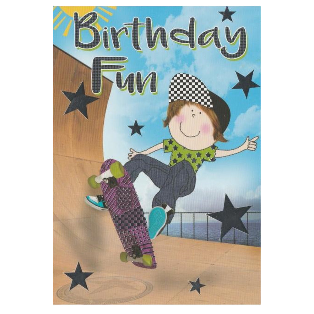 Front of this card features an illustration of a skatepark and a boy skateboarding, with the text 'Birthday Fun'.