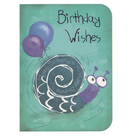 Front of this card features the text 'Birthday Wishes' with an illustration of a cartoon snail with balloons.