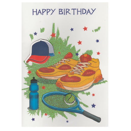 Front of this card features illustrations of a tennis racquet, a pair of trainers, water bottle and a baseball cap with the text 'Happy Birthday'.