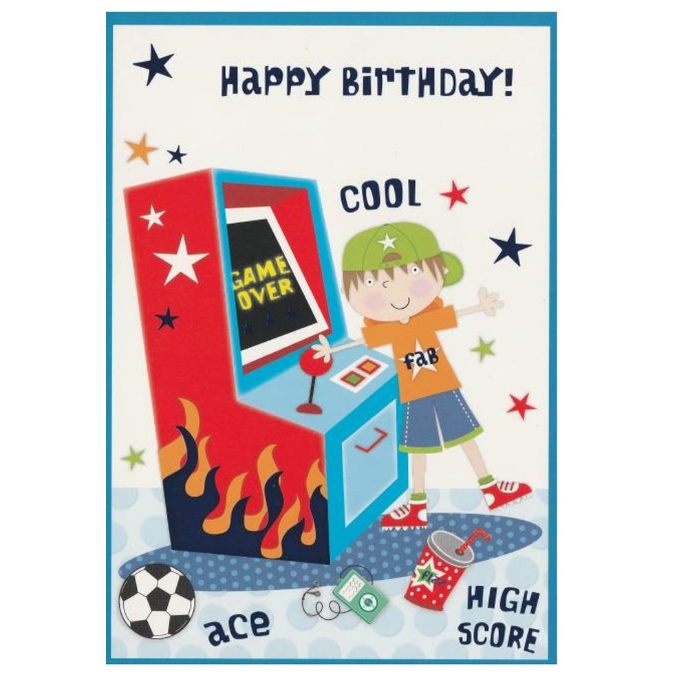Front of this card features an illustration of a boy playing an arcade video game, paired with a message.