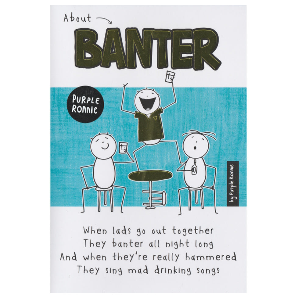 Front of this blank greeting card features a cartoon image of friends talking banter, paired with a message.