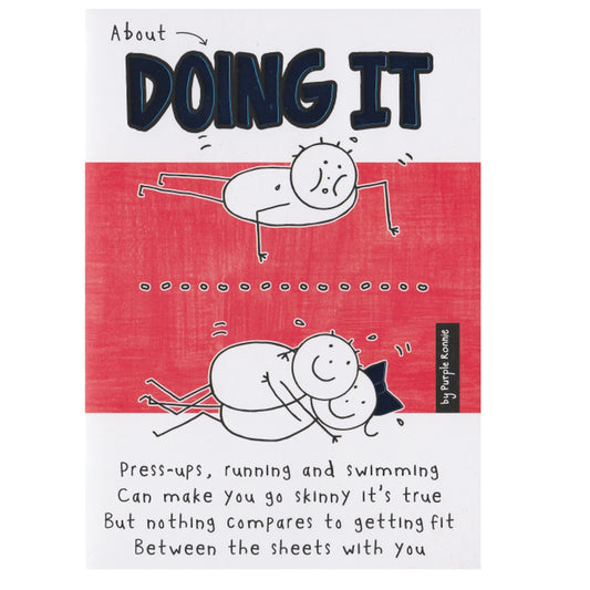 Front of this blank greeting card features a cartoon image of a couple getting cosy, paired with a message.