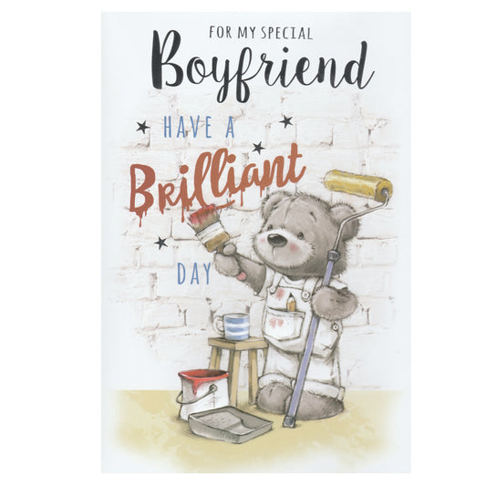 Front of this card features an illustration of a bear wearing overalls painting the word 'Brilliant', paired with a message.