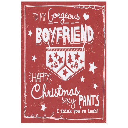 Front of this boyfriend christmas greeting card features an illustration of a pair of underpants with Christmas silhouettes, paired with a message.