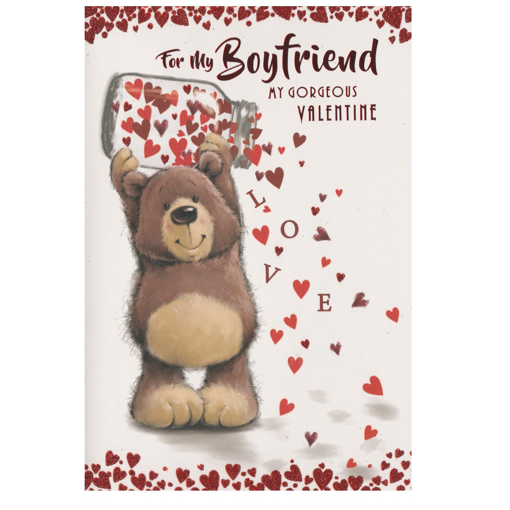 Front of this valentine's day card features an image of a bear holding a open jar of cascading hearts, spelling the word love, paired with a message 'For My Boyfriend'.