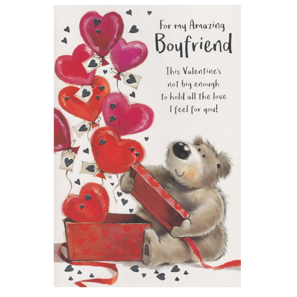 Front of this boyfriend valentine's day card features an illustration of a bear opening a box of heart shaped balloons, paired with a message 'For My Amazing Boyfriend'.