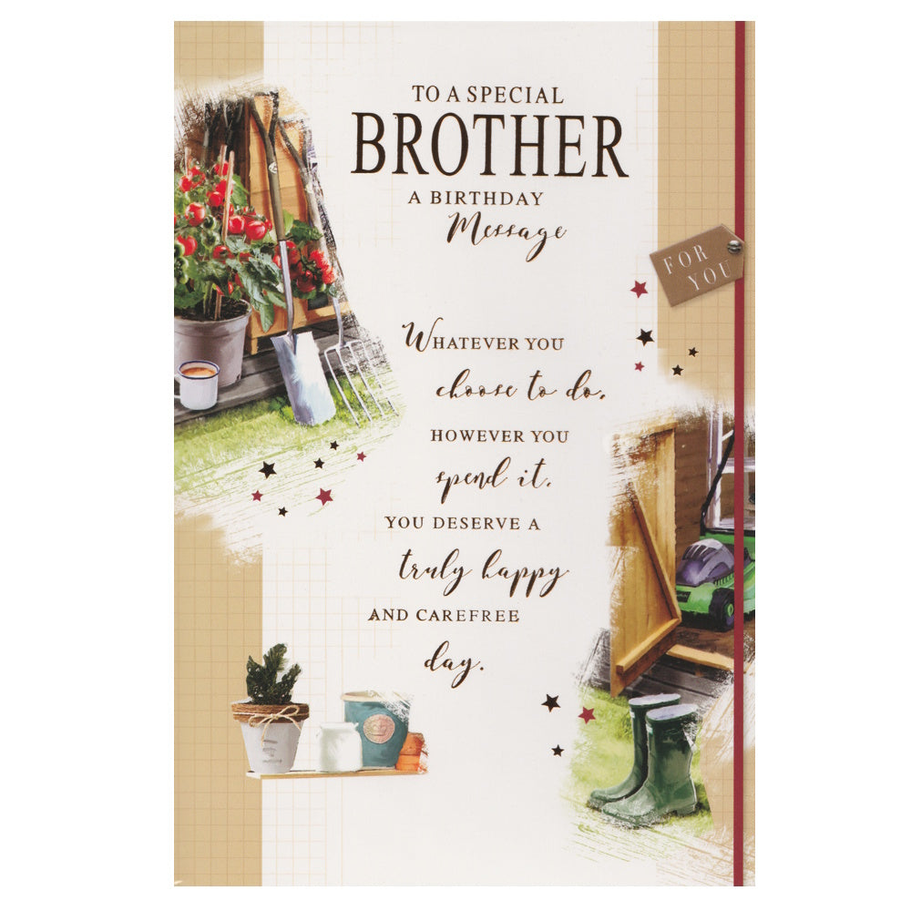Front of this brother birthday card features illustrations of gardening tools, paired with a message.
