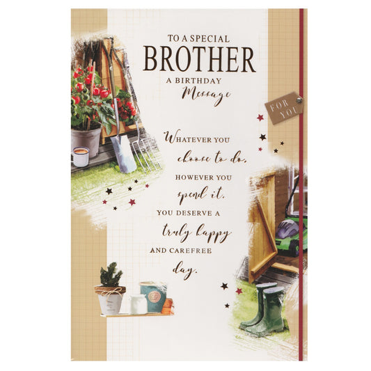 Front of this brother birthday card features illustrations of gardening tools, paired with a message.