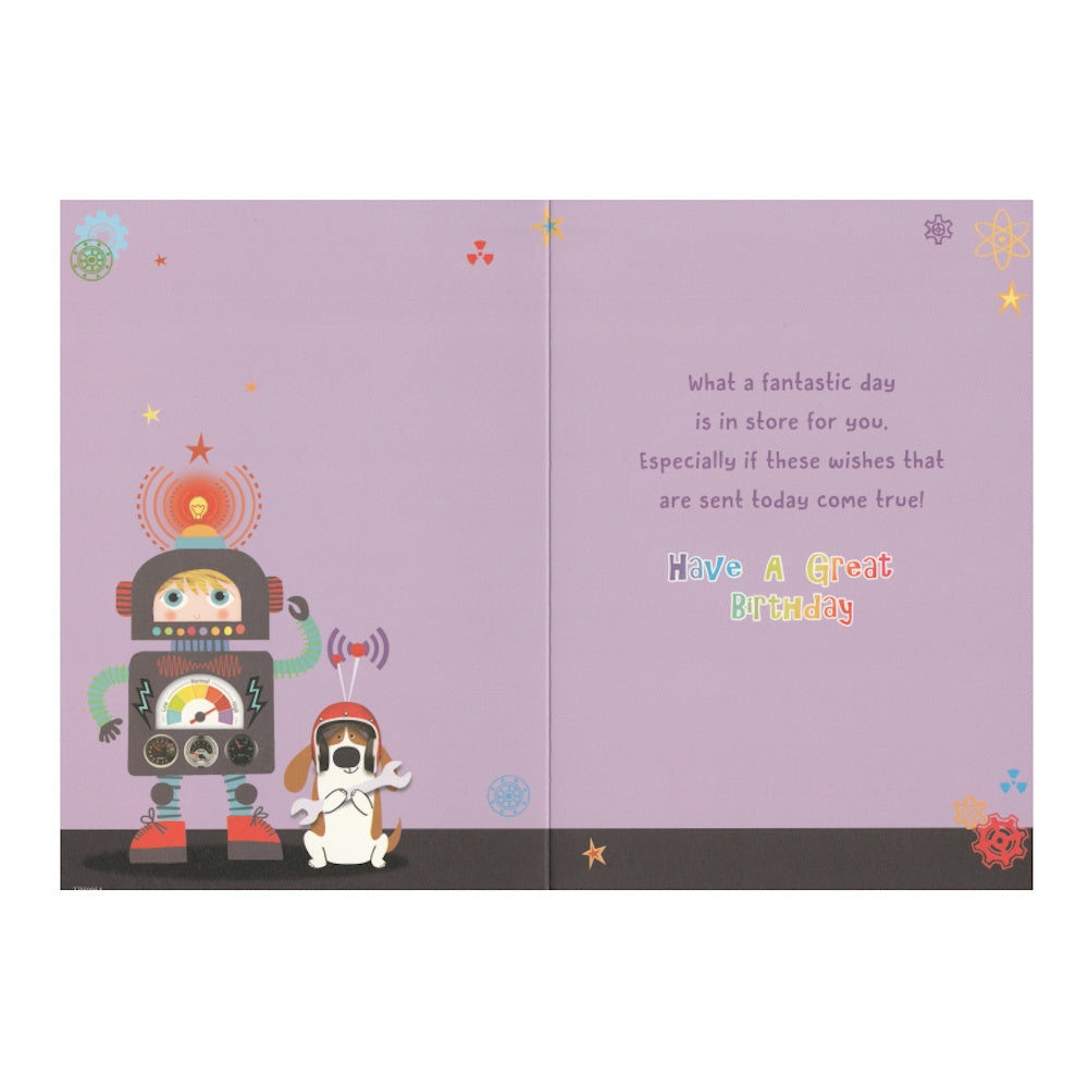 Front of this brother birthday card features an illustration of a boy and dog dressed up as robots, paired with a message.