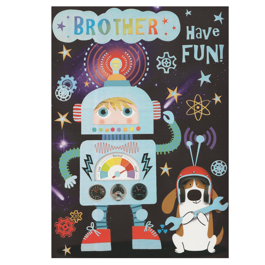 Front of this brother birthday card features an illustration of a boy and dog dressed up as robots, paired with a message.
