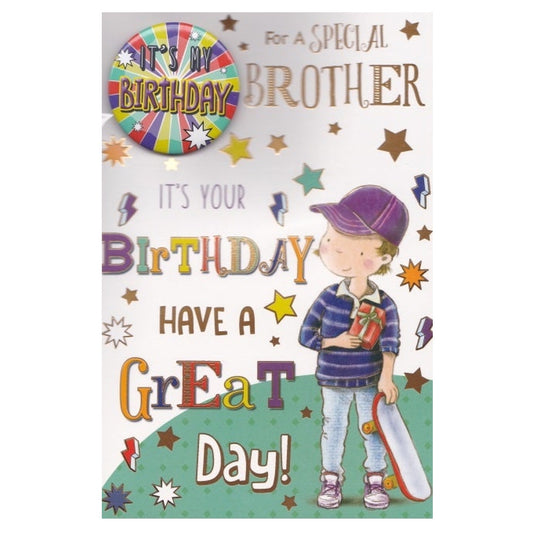 Front of this brother birthday card features an illustration of a boy holding a present and a skateboard, paired with a message,